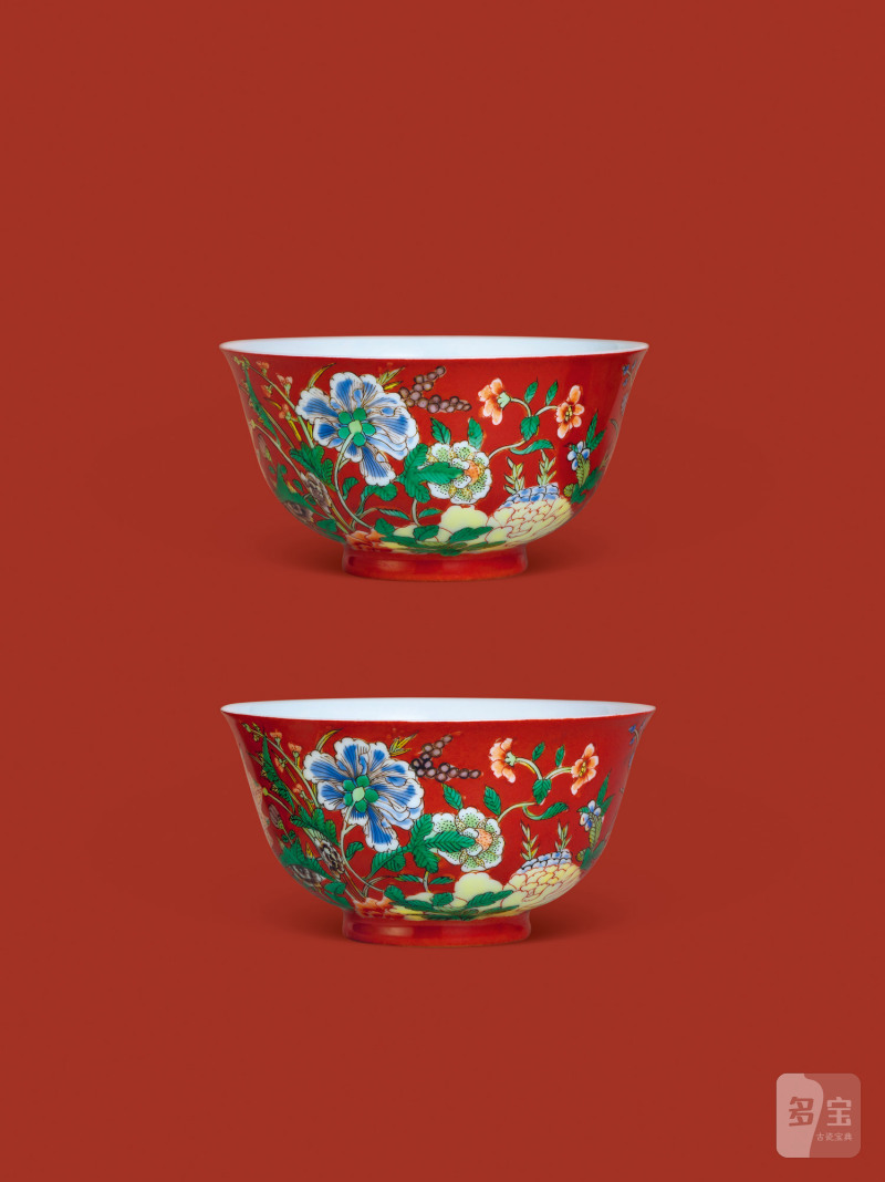清康熙 御制磁胎画珐琅红地洋彩九秋同庆图碗一对 - 图14